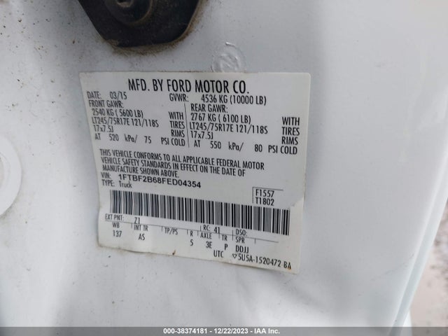 2015 FORD F-250 XL VIN: 1FTBF2B68FED04354
