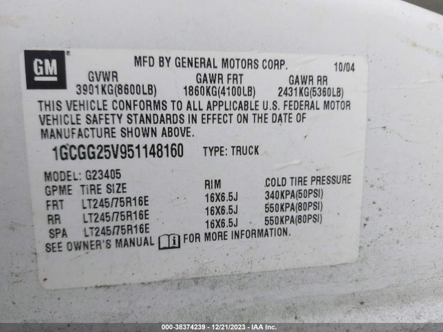 2005 CHEVROLET EXPRESS VIN: 1GCGG25V951148160