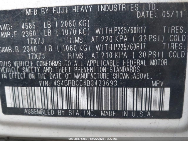 2011 SUBARU OUTBACK 2.5I PREMIUM VIN: 4S4BRBCC4B3423693
