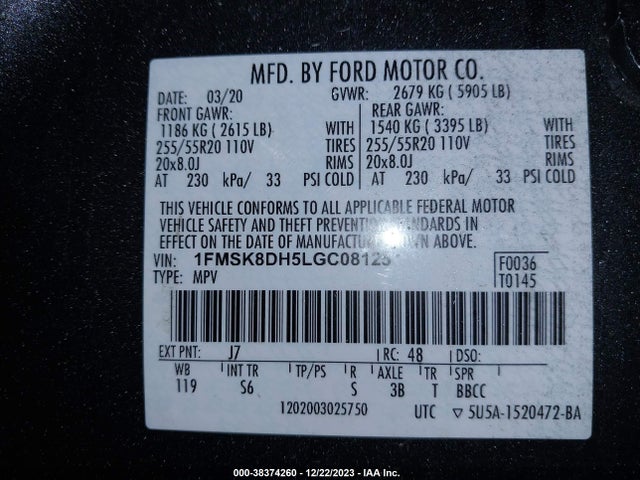 2020 FORD EXPLORER XLT VIN: 1FMSK8DH5LGC08125
