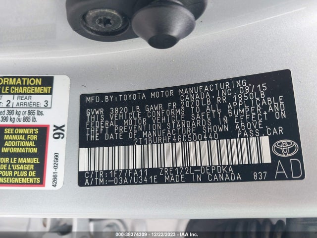 2016 TOYOTA COROLLA L VIN: 2T1BURHE4GC500440