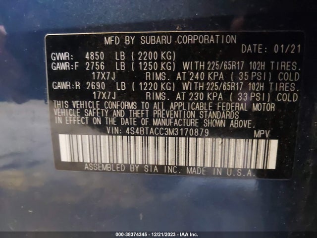 Subaru Outback Premium 2021 4S4BTACC3M3170879 Image 9