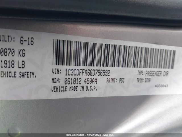 1C3CDFFA6GD796992 Dodge Dart Sxt Sport