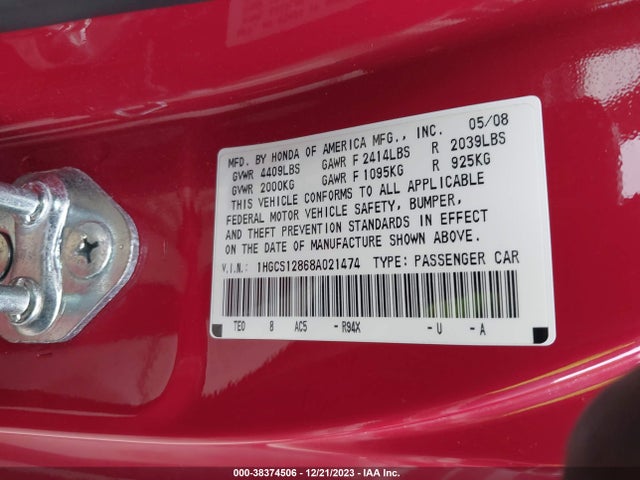 2008 HONDA ACCORD 2.4 EX-L VIN: 1HGCS12868A021474