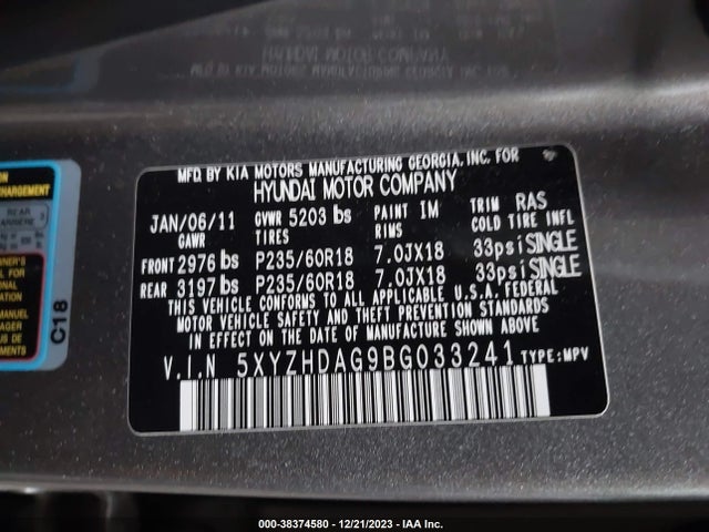 2011 HYUNDAI SANTA FE SE VIN: 5XYZHDAG9BG033241