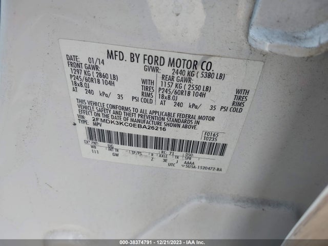 2014 FORD EDGE LIMITED VIN: 2FMDK3KC0EBA26216