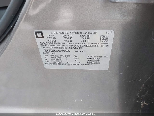 2012 GMC TERRAIN SLT-2 VIN: 2GKFLWE52C6210575