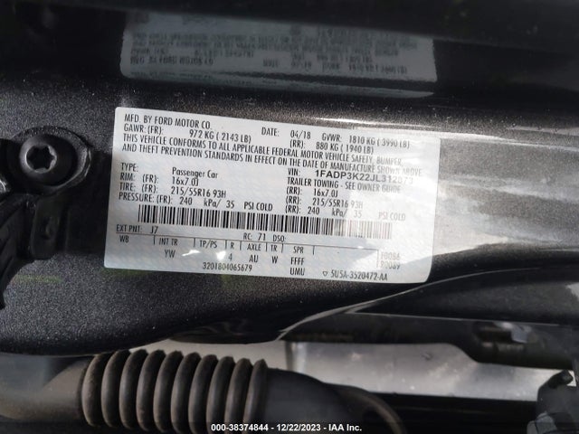 2018 FORD FOCUS SE VIN: 1FADP3K22JL312873