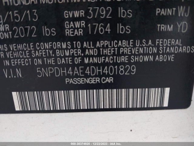 2013 HYUNDAI ELANTRA GLS VIN: 5NPDH4AE4DH401829