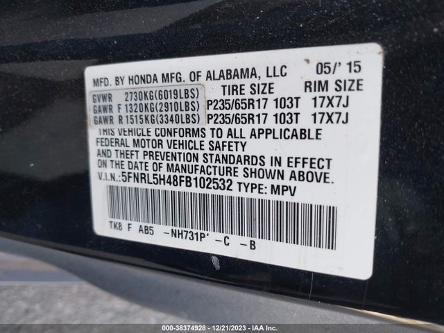 Honda ODYSSEY EX 2015 5FNRL5H48FB102532 Image 9