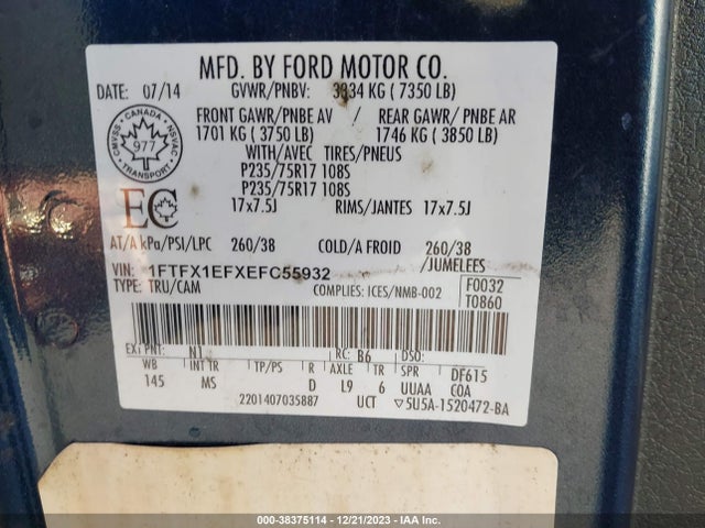 2014 FORD F-150 XLT VIN: 1FTFX1EFXEFC55932