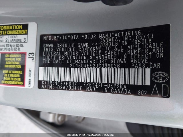 2013 TOYOTA COROLLA S VIN: 2T1BU4EE2DC099036