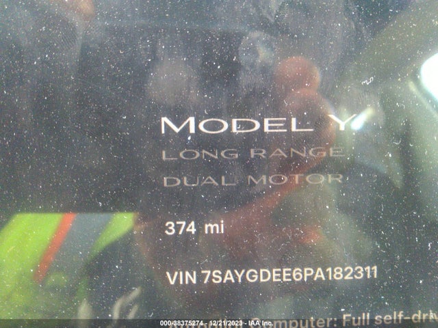 2023 TESLA MODEL Y AWD/LONG RANGE DUAL MOTOR ALL-WHEEL DRIVE VIN: 7SAYGDEE6PA182311