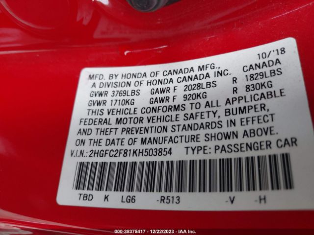 2HGFC2F81KH503854 Honda Civic Sport