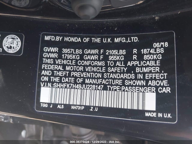 Honda Civic Sport 2018 SHHFK7H49JU228147 Image 9