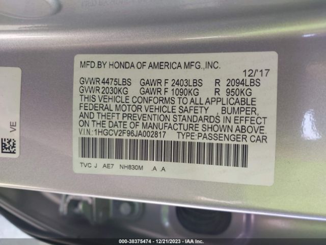 1HGCV2F96JA002817 Honda Accord Touring 2.0t