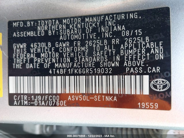 2016 TOYOTA CAMRY LE VIN: 4T4BF1FK6GR519032