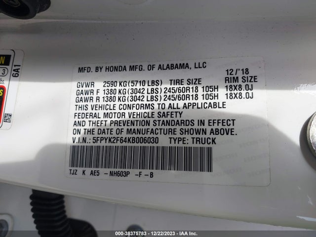 Honda Ridgeline Rtl-t 2019 5FPYK2F64KB006030 Image 9
