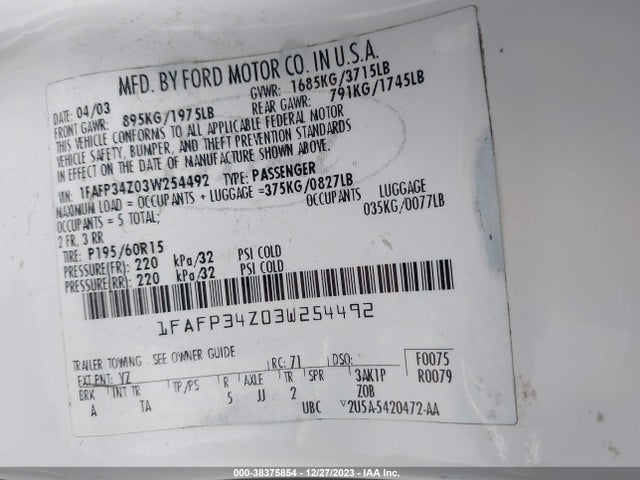 2003 FORD FOCUS SE VIN: 1FAFP34Z03W254492