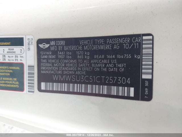 2012 MINI COOPER WMWSU3C51CT257304 Photo 8