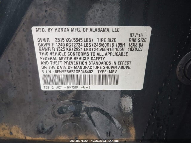 Honda Pilot Ex-l 2016 5FNYF5H52GB048402 Image 9