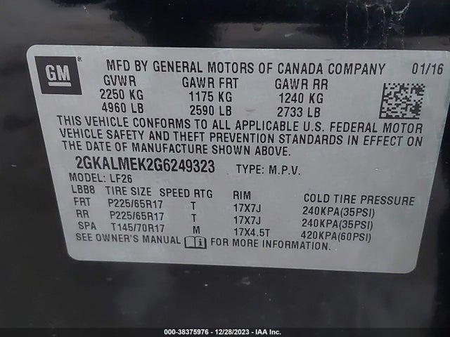 GMC Terrain Sle-1 2016 2GKALMEK2G6249323 Image 9