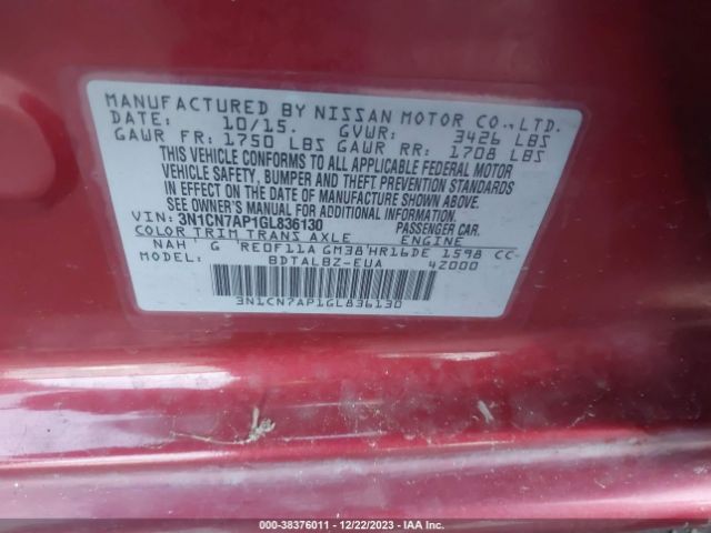 3N1CN7AP1GL836130 Nissan Versa 1.6 S/1.6 S+/1.6 Sl/1.6 Sv