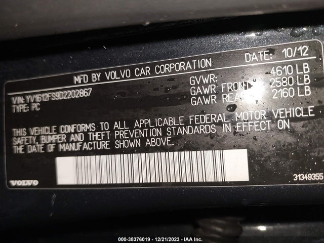 2013 VOLVO S60 T5/T5 PLATINUM/T5 PREMIER/T5 PREMIER PLUS VIN: YV1612FS9D2202867