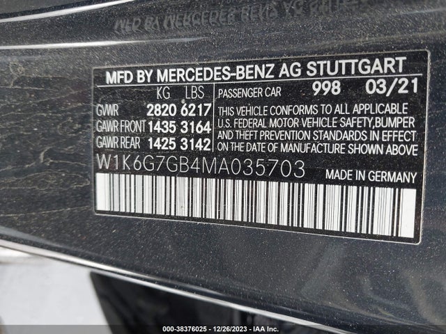 38376025 :رقم المزاد ، W1K6G7GB4MA035703 vin ، 2021 Mercedes-benz S 580 4matic مزاد بيع