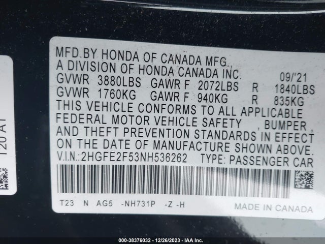 Honda Civic Sport 2022 2HGFE2F53NH536262 Image 9