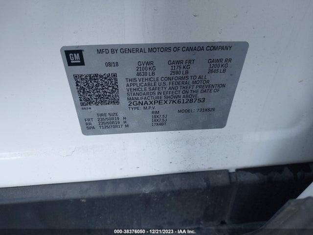 2019 CHEVROLET EQUINOX PREMIER VIN: 2GNAXPEX7K6128753