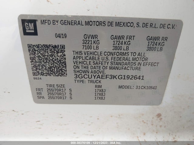 2019 CHEVROLET SILVERADO 1500 WORK TRUCK VIN: 3GCUYAEF3KG192641