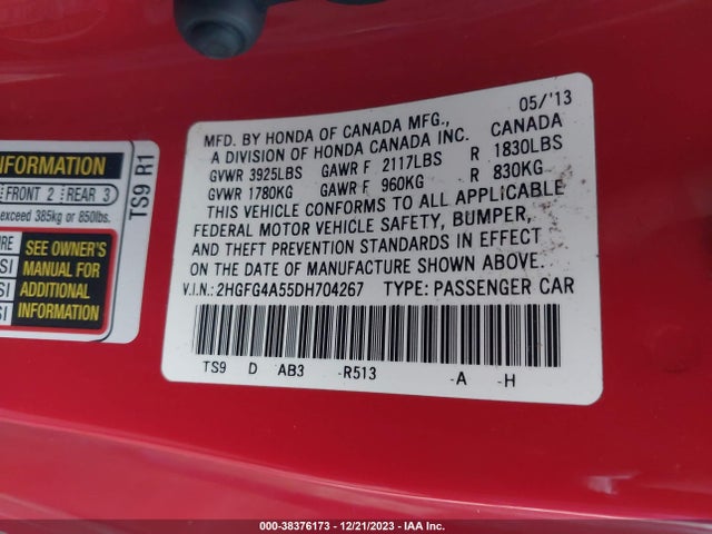 2013 HONDA CIVIC SI VIN: 2HGFG4A55DH704267