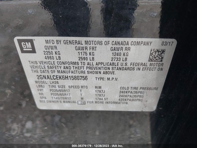 Chevrolet EQUINOX LT 2017 2GNALCEK6H1580756 Image 9