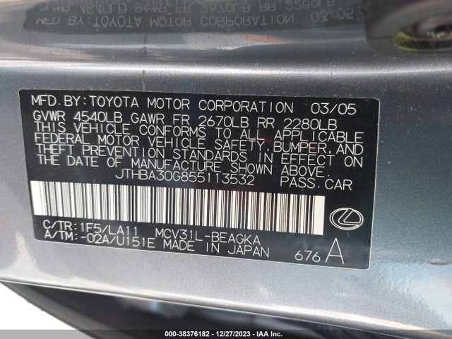 2005 LEXUS ES 330 VIN: JTHBA30G855113532