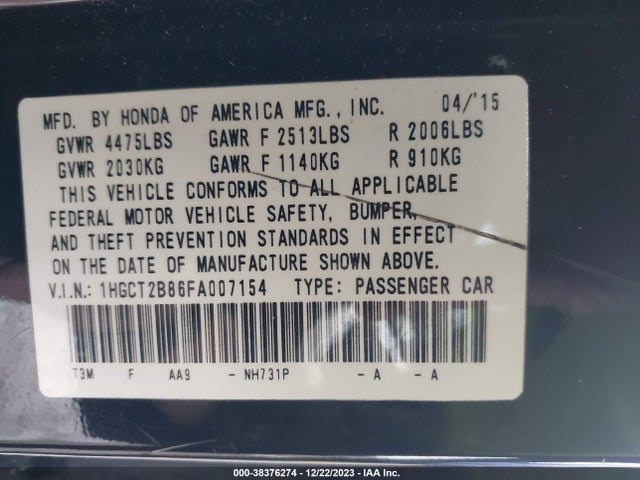 2015 HONDA ACCORD EX-L V-6 VIN: 1HGCT2B86FA007154