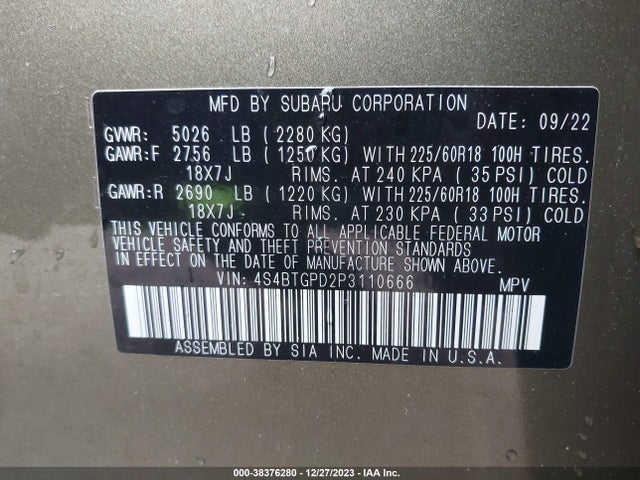 2023 SUBARU OUTBACK TOURING XT VIN: 4S4BTGPD2P3110666