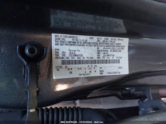 38376326 :رقم المزاد ، 1FAHP3J29CL443398 vin ، 2012 Ford Focus Titanium مزاد بيع