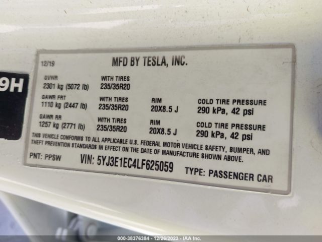 5YJ3E1EC4LF625059 Tesla Model 3 Performance Dual Motor All-wheel Drive