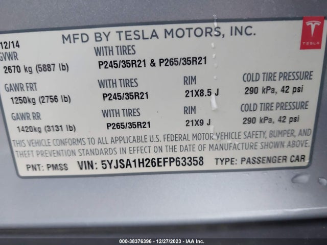 2014 TESLA MODEL S 5YJSA1H26EFP63358 Photo 8