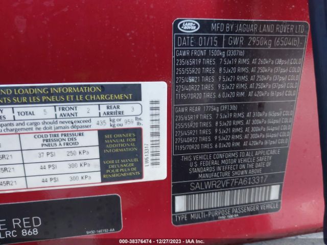 SALWR2VF7FA613317 Land Rover Range Rover Sport 3.0l V6 Supercharged Hse