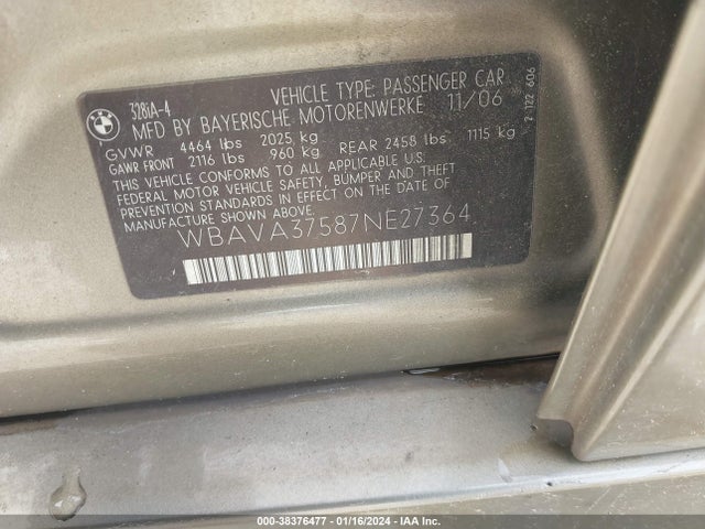 2007 BMW 328I VIN: WBAVA37587NE27364