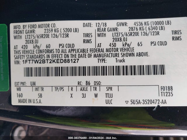 Ford F-250 Lariat 2019 1FT7W2BT2KED88127 Image 9
