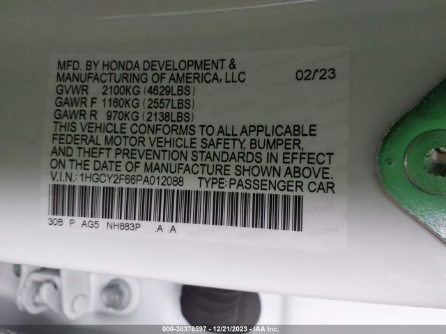 1HGCY2F66PA012088 Honda Accord Hybrid Ex-l