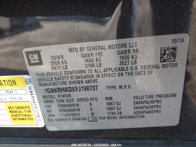 Chevrolet Traverse 2lt 2015 1GNKRHKDXFJ198707 Image 9