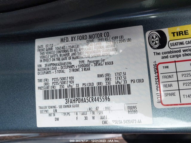 2012 FORD FUSION SE VIN: 3FAHP0HA5CR445596