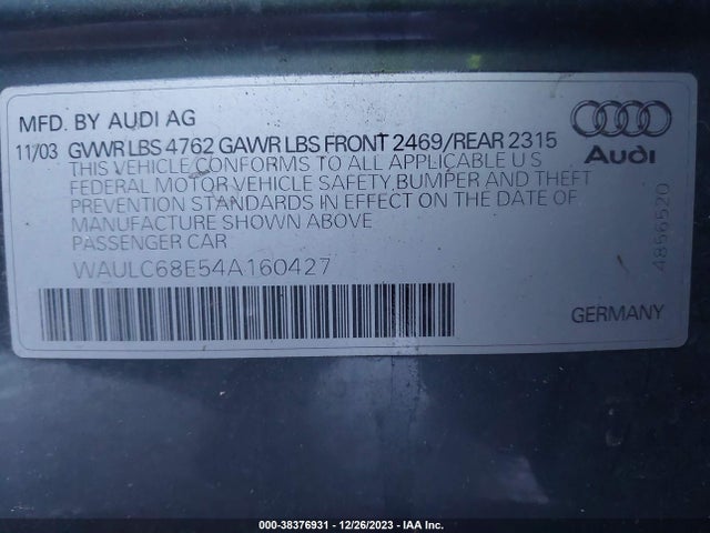 2004 AUDI A4 1.8T VIN: WAULC68E54A160427