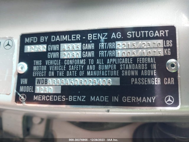 1983 MERCEDES-BENZ 300 DT VIN: WDBAB33A6DB023408