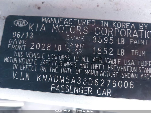 2013 KIA RIO LX VIN: KNADM5A33D6276006