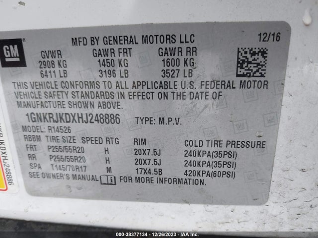 Chevrolet Traverse Premier 2017 1GNKRJKDXHJ248886 Image 9